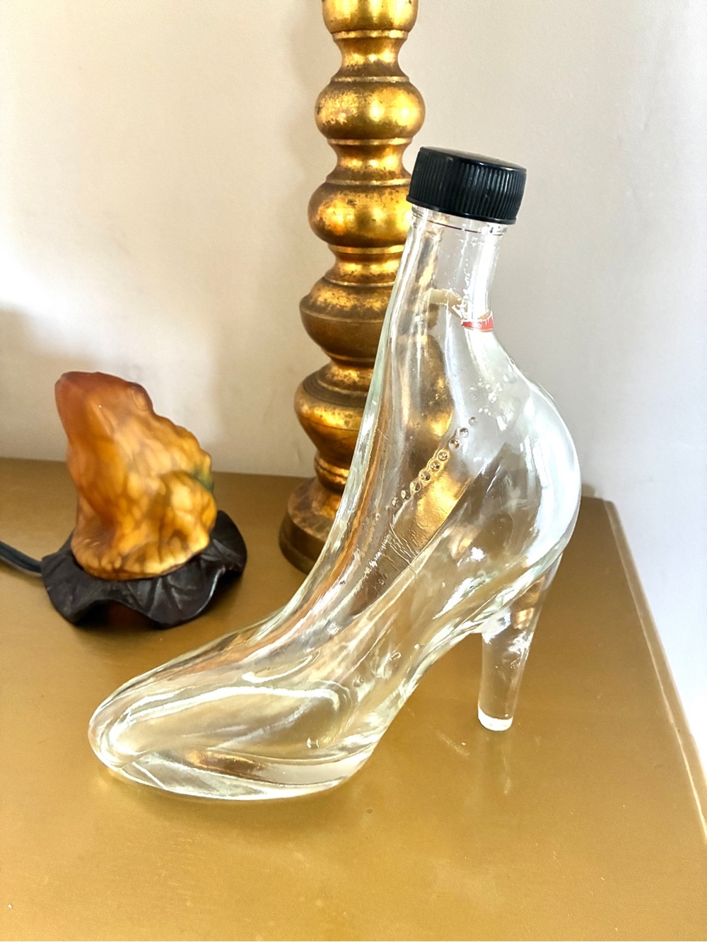Vintage Glass High Heel Bottle with Black Cap